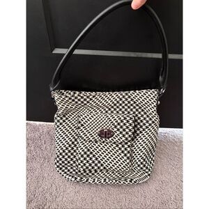 Talbots Houndstooth Bucket Bag Turnlock Top Handle Cotton Body and Leather Trim